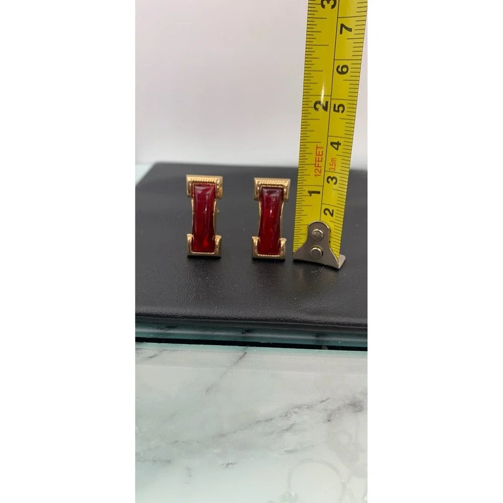 Vintage Foster Gold Tone Rectangle Cufflinks With Dark Red Cabochon‎ Signed